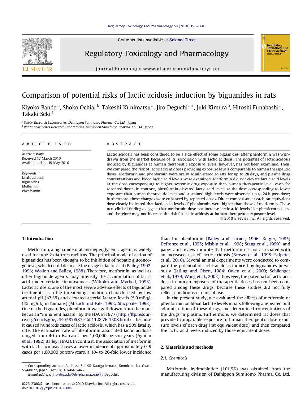 Comparison of potential risks of lactic acidosis induction by biguanides in rats