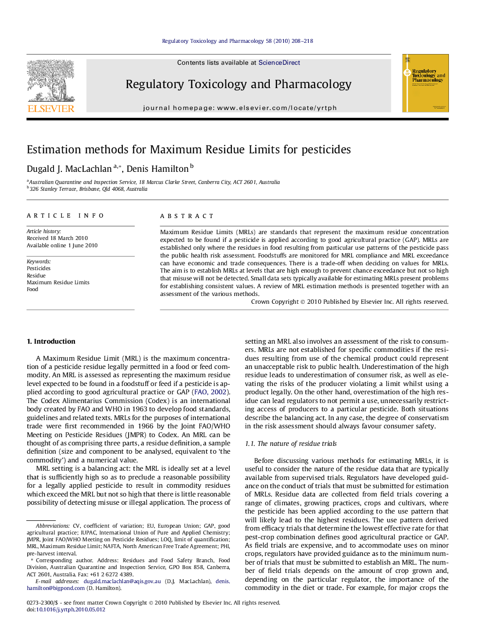 Estimation methods for Maximum Residue Limits for pesticides