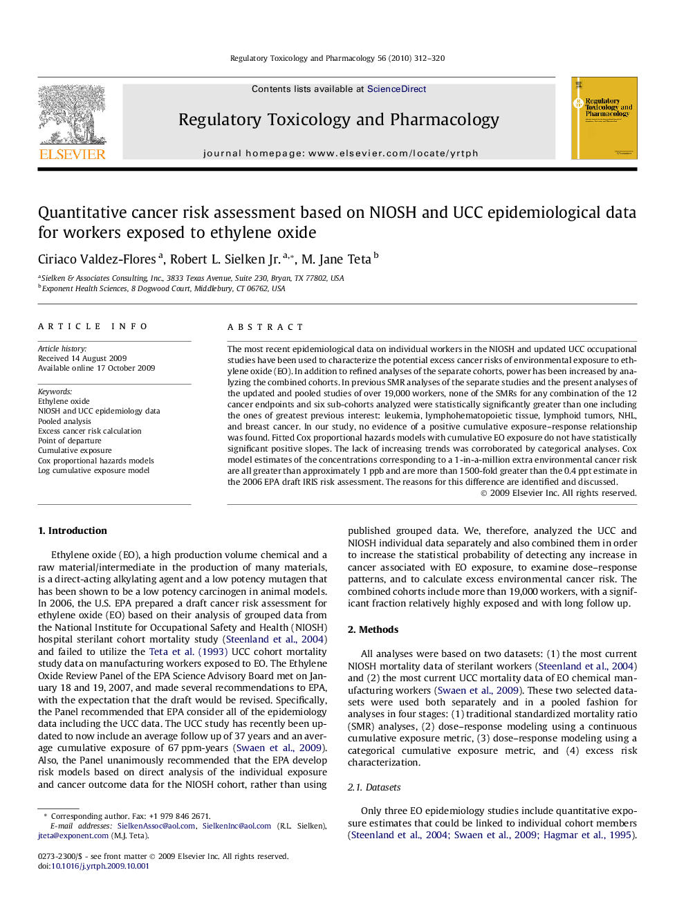 Quantitative cancer risk assessment based on NIOSH and UCC epidemiological data for workers exposed to ethylene oxide