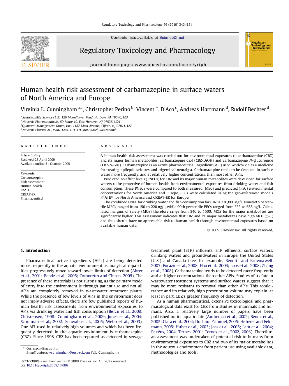 Human health risk assessment of carbamazepine in surface waters of North America and Europe