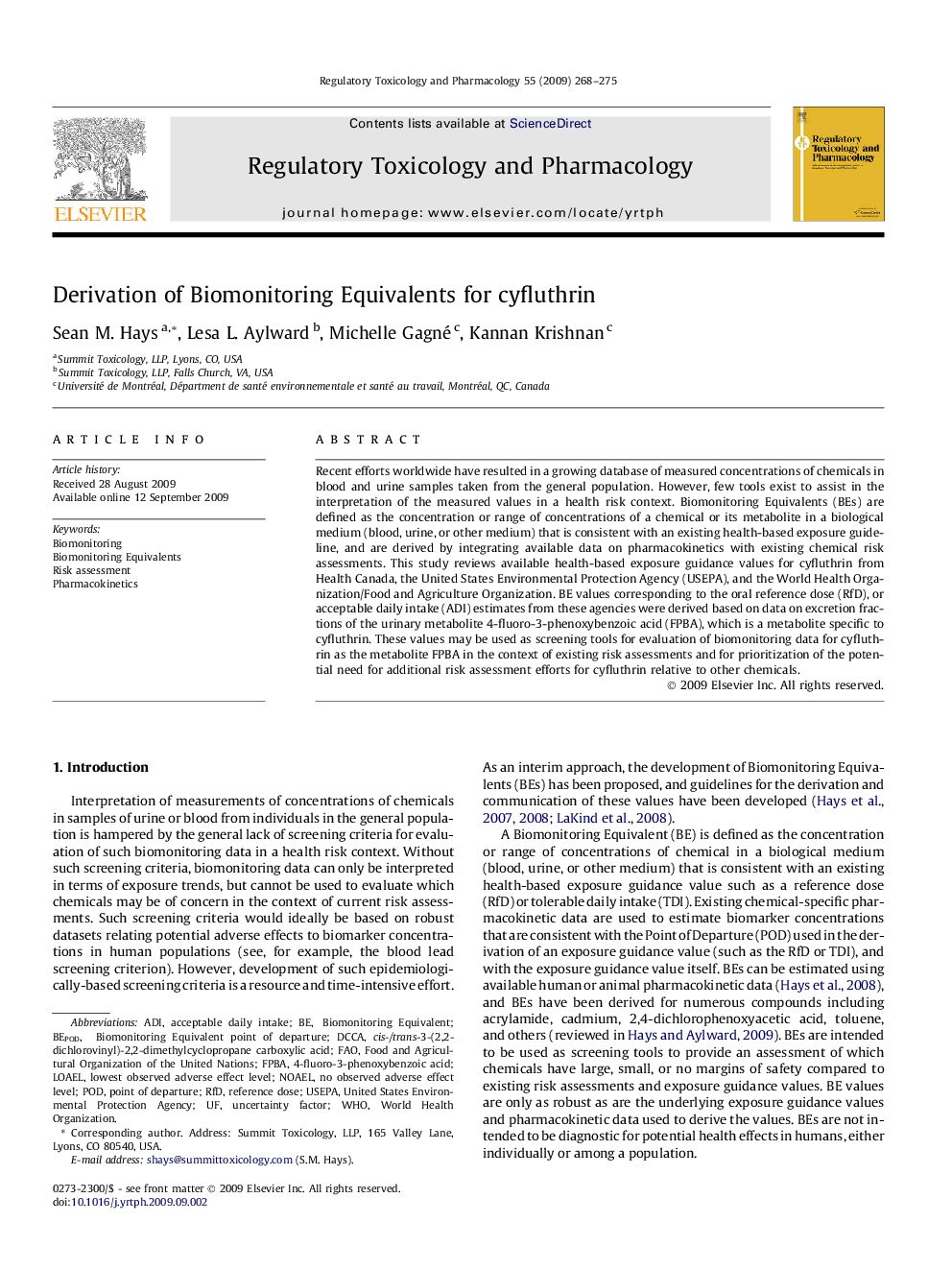 Derivation of Biomonitoring Equivalents for cyfluthrin