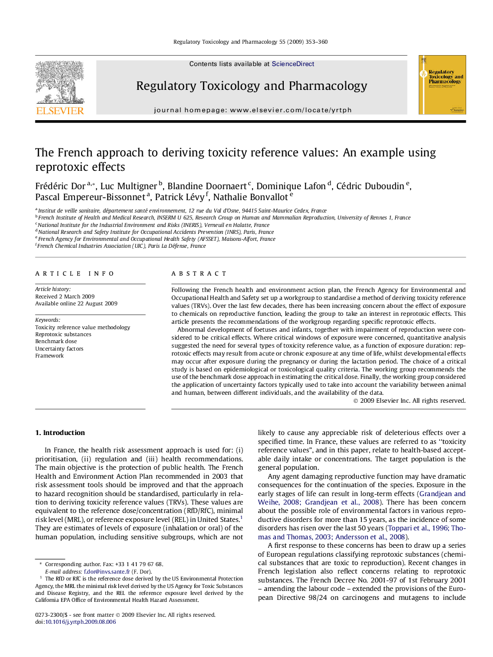 The French approach to deriving toxicity reference values: An example using reprotoxic effects