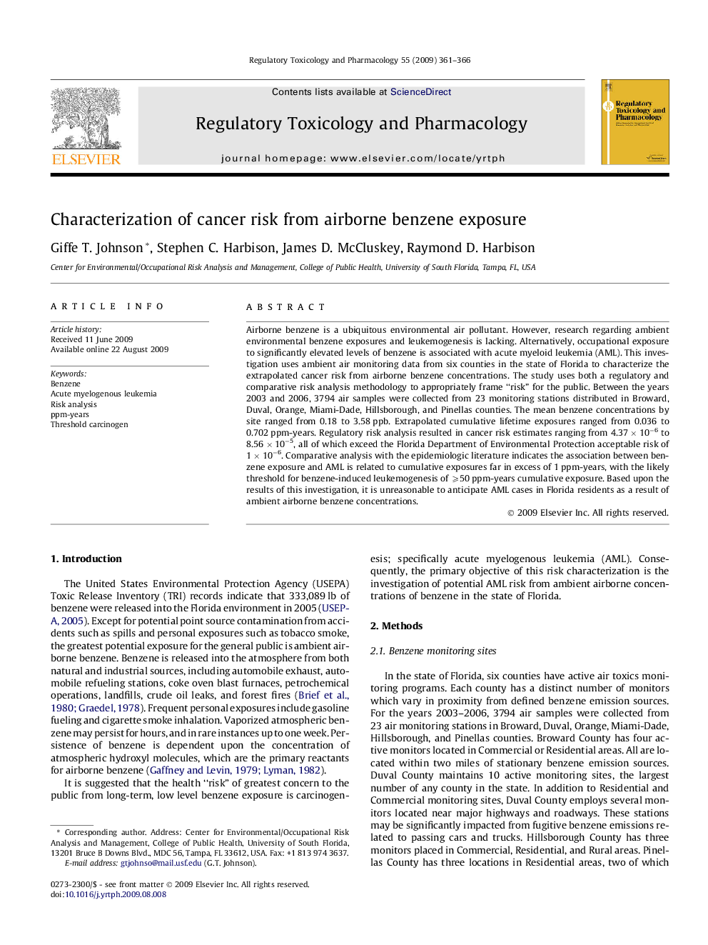 Characterization of cancer risk from airborne benzene exposure