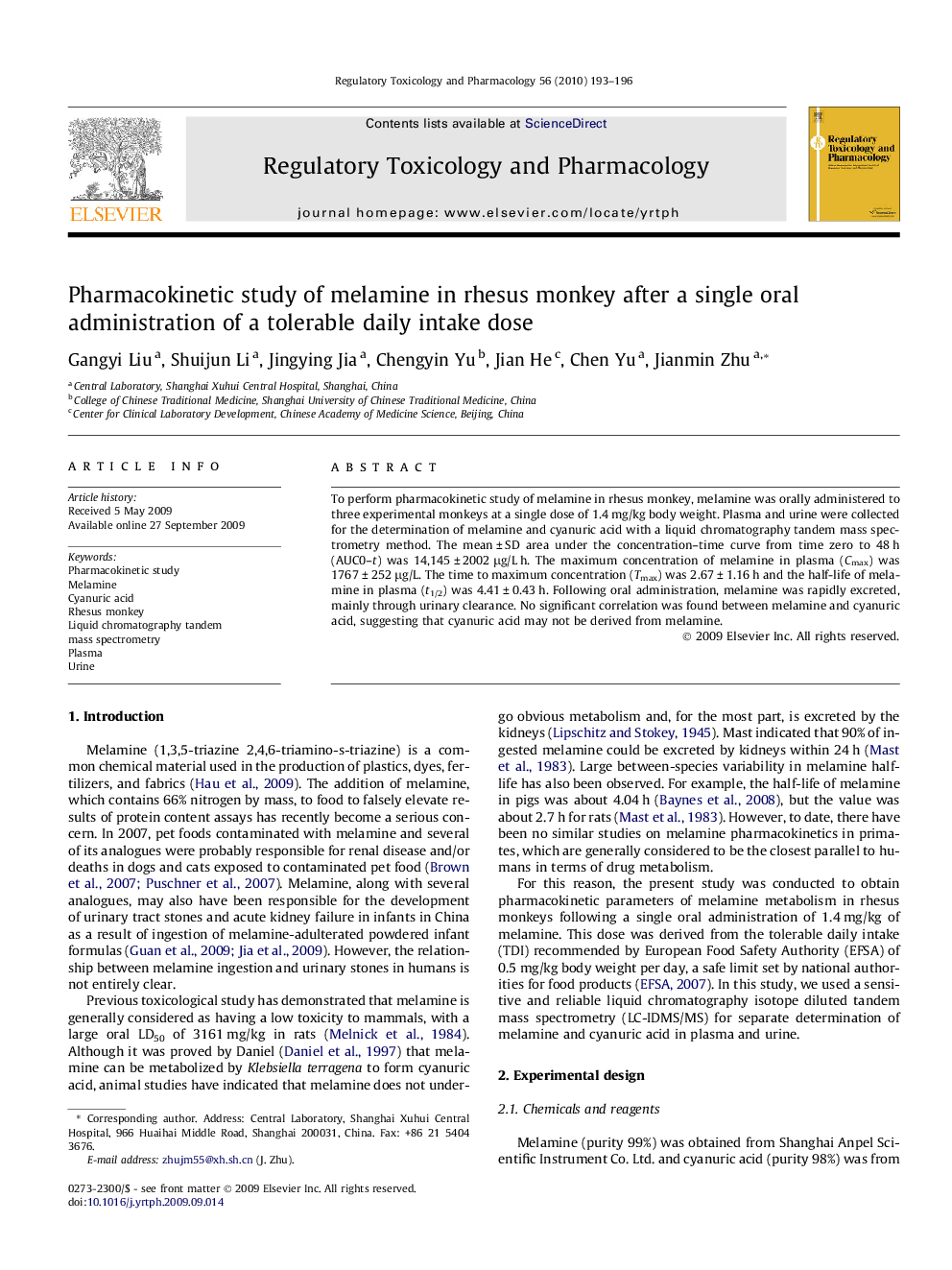 Pharmacokinetic study of melamine in rhesus monkey after a single oral administration of a tolerable daily intake dose