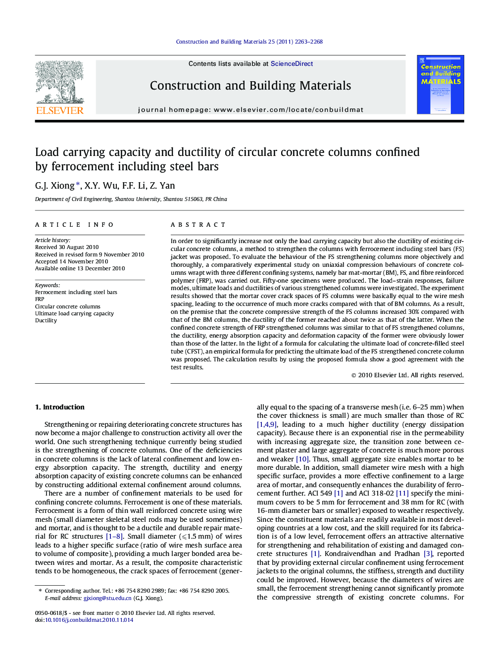 Load carrying capacity and ductility of circular concrete columns confined by ferrocement including steel bars