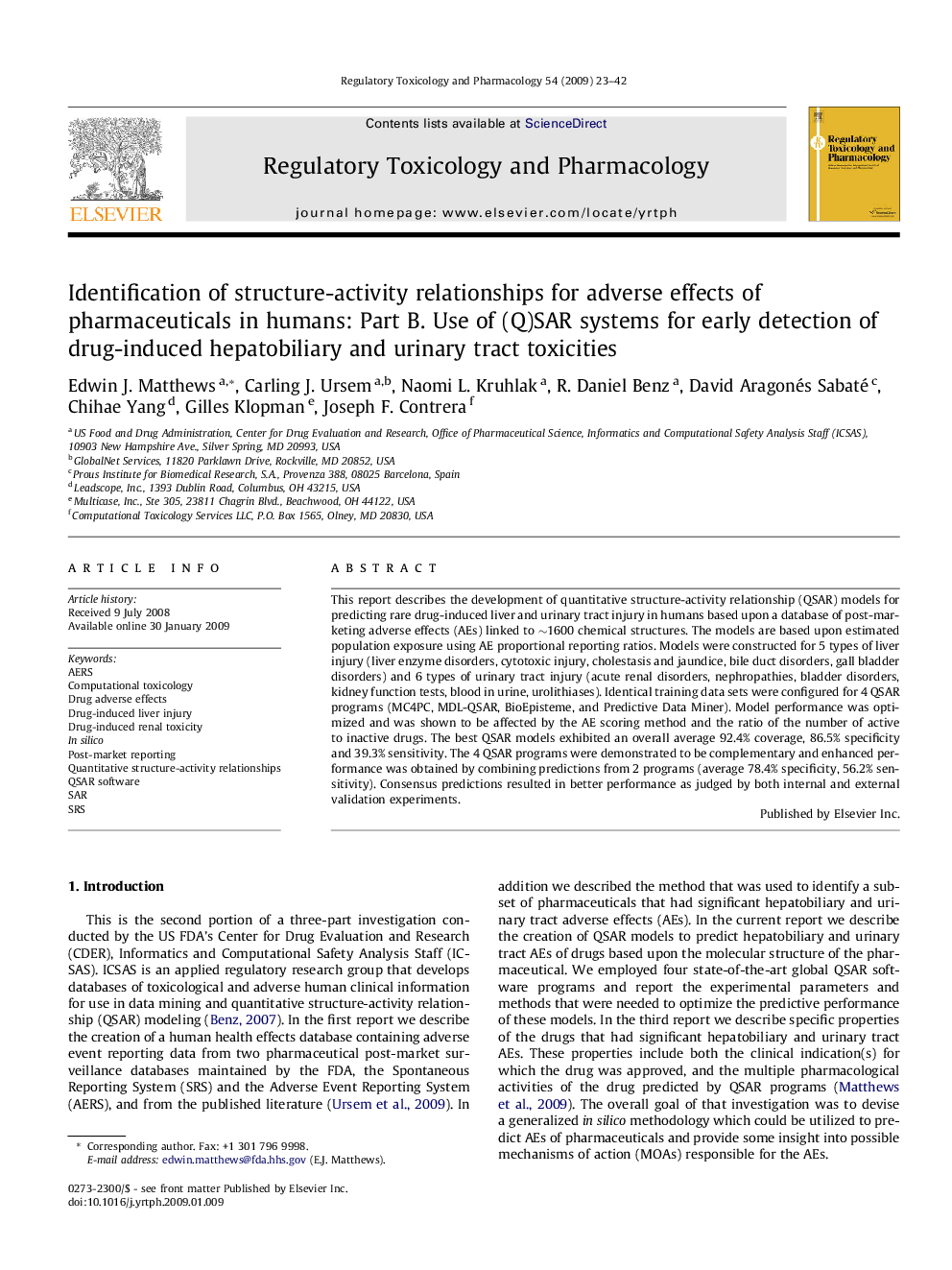 Identification of structure-activity relationships for adverse effects of pharmaceuticals in humans: Part B. Use of (Q)SAR systems for early detection of drug-induced hepatobiliary and urinary tract toxicities