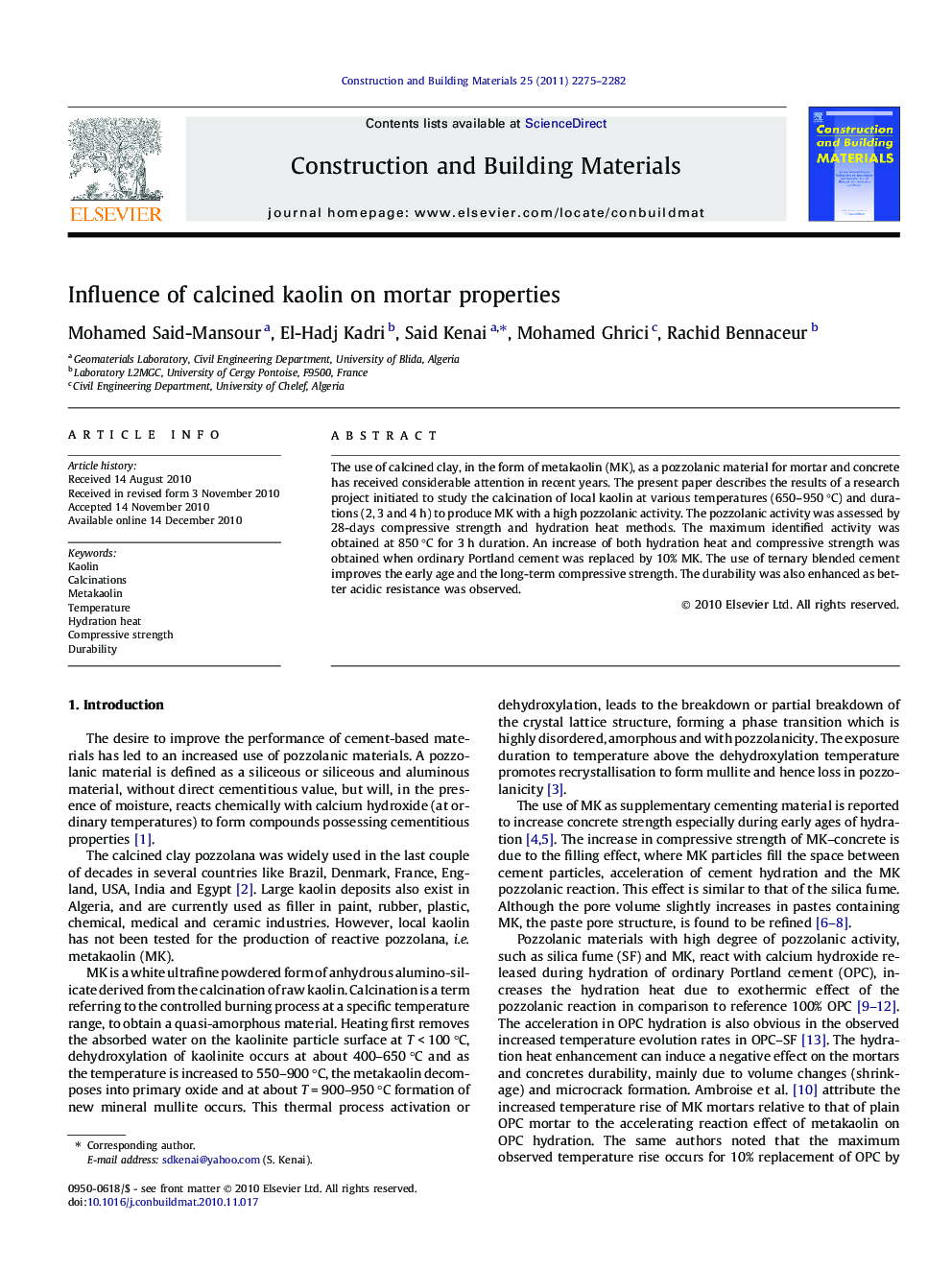 Influence of calcined kaolin on mortar properties