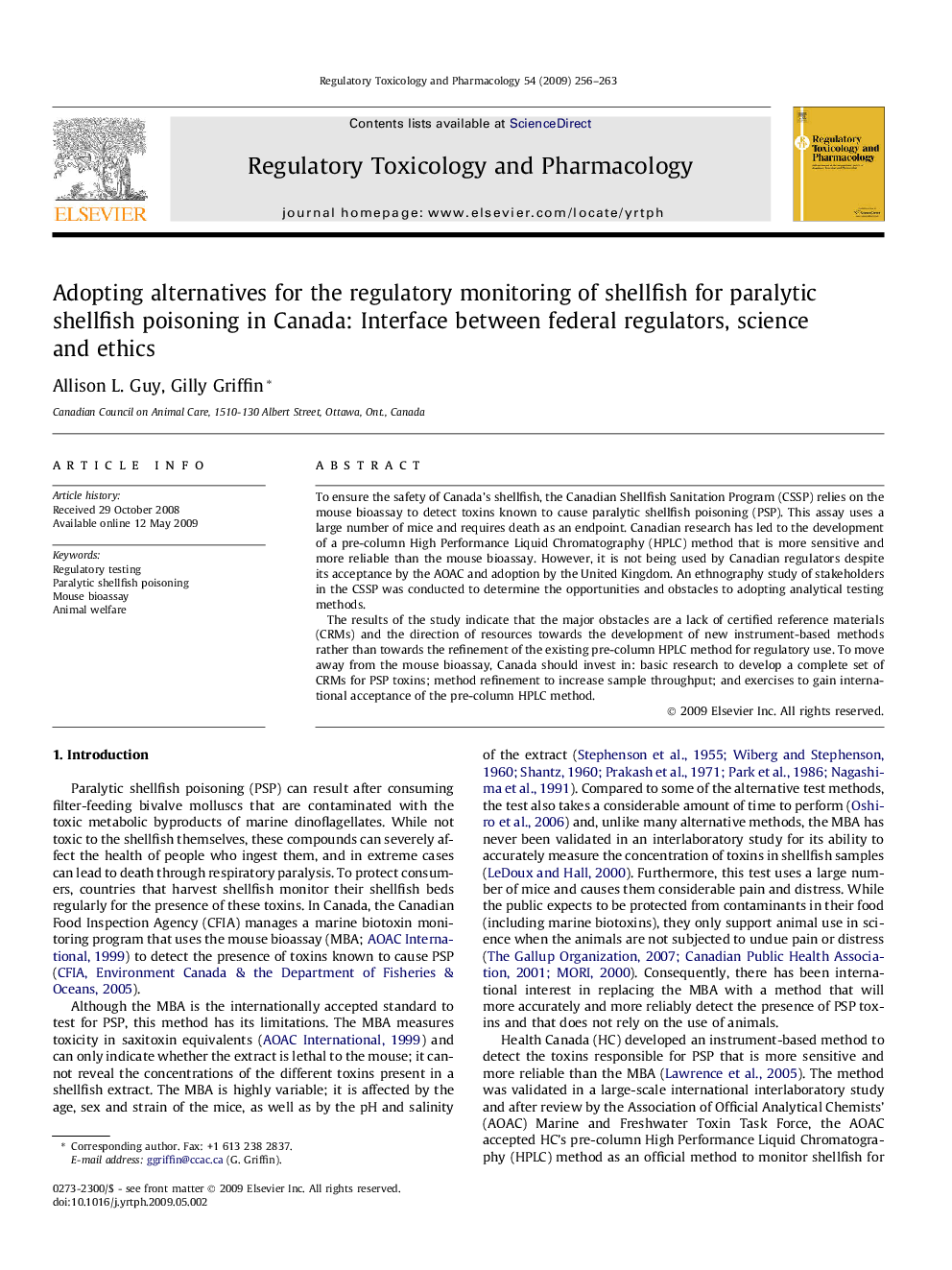 Adopting alternatives for the regulatory monitoring of shellfish for paralytic shellfish poisoning in Canada: Interface between federal regulators, science and ethics