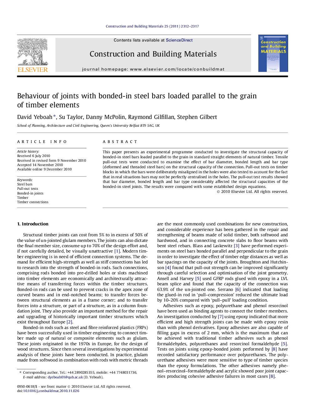 Behaviour of joints with bonded-in steel bars loaded parallel to the grain of timber elements