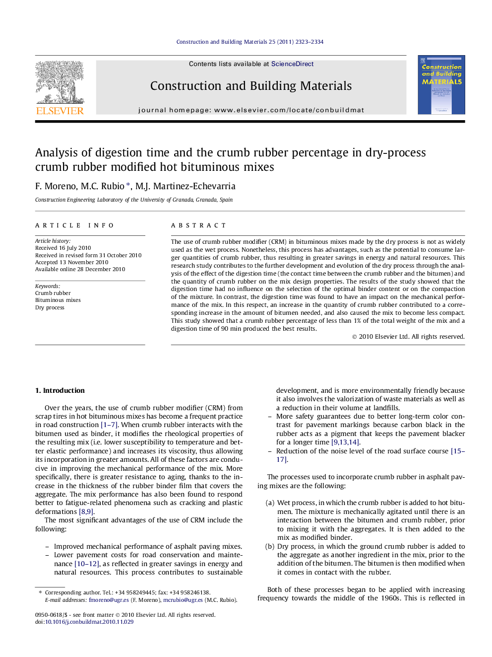 Analysis of digestion time and the crumb rubber percentage in dry-process crumb rubber modified hot bituminous mixes