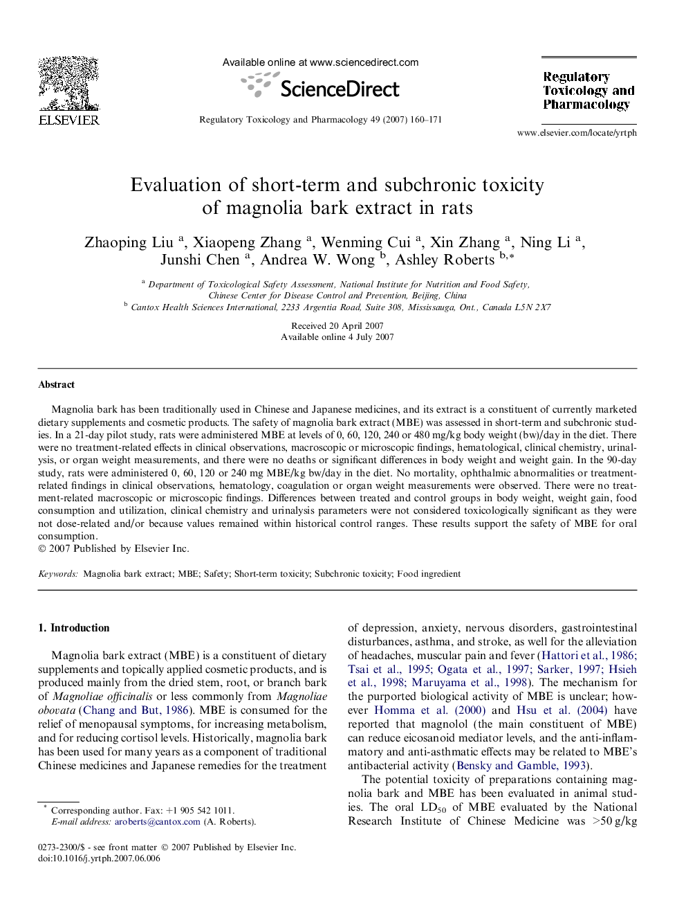 Evaluation of short-term and subchronic toxicity of magnolia bark extract in rats