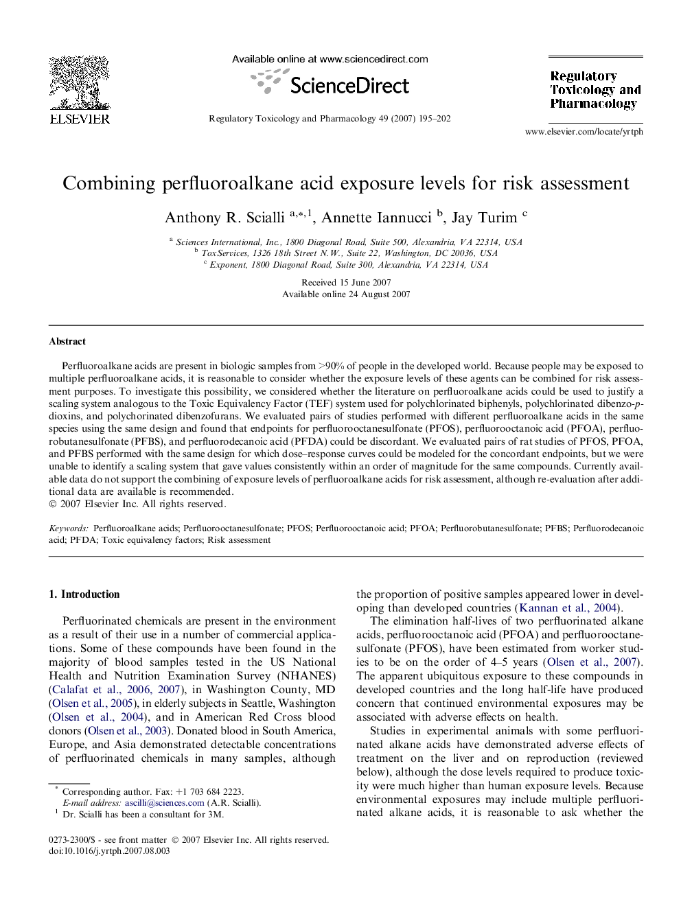 Combining perfluoroalkane acid exposure levels for risk assessment