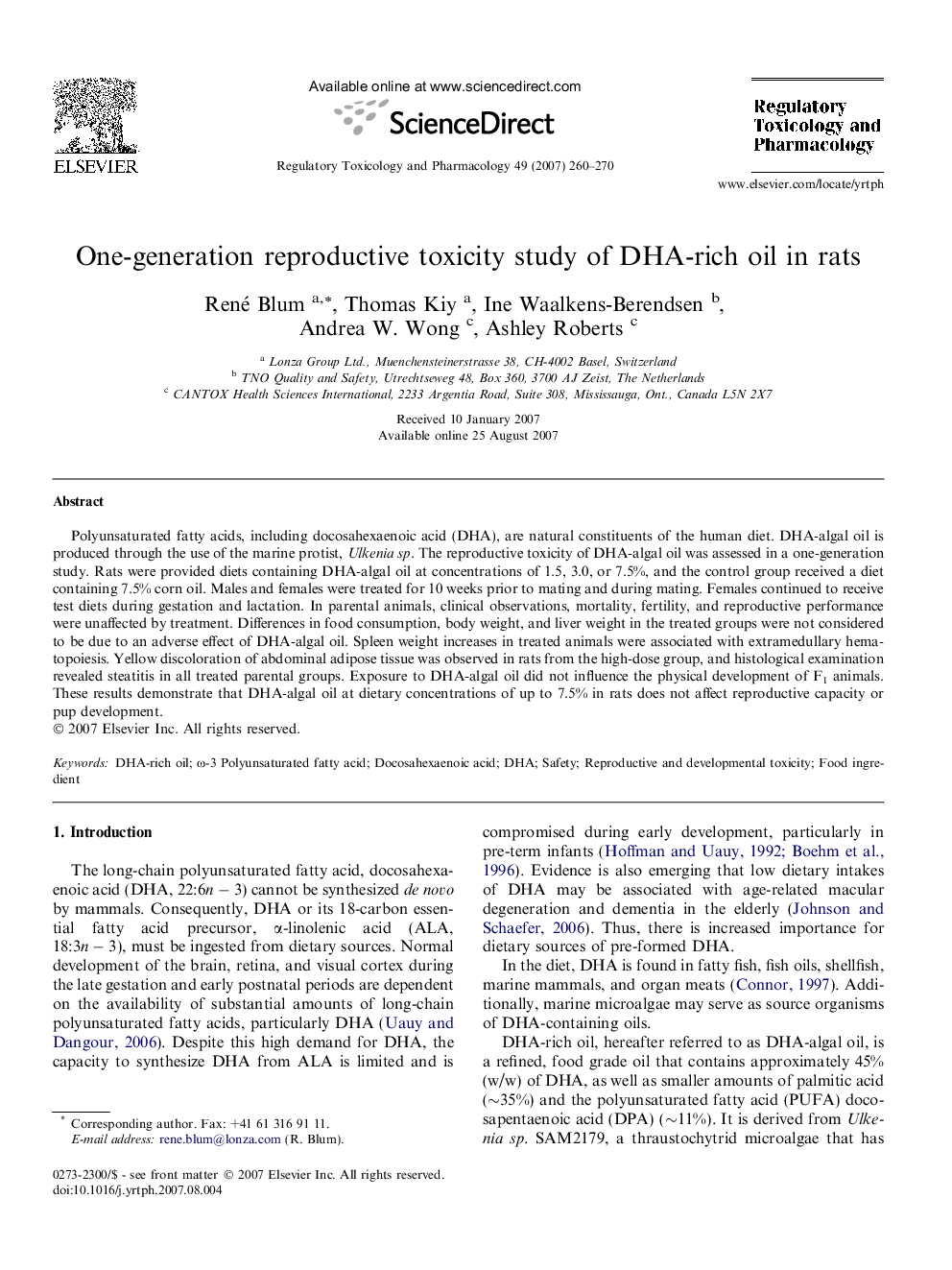 One-generation reproductive toxicity study of DHA-rich oil in rats