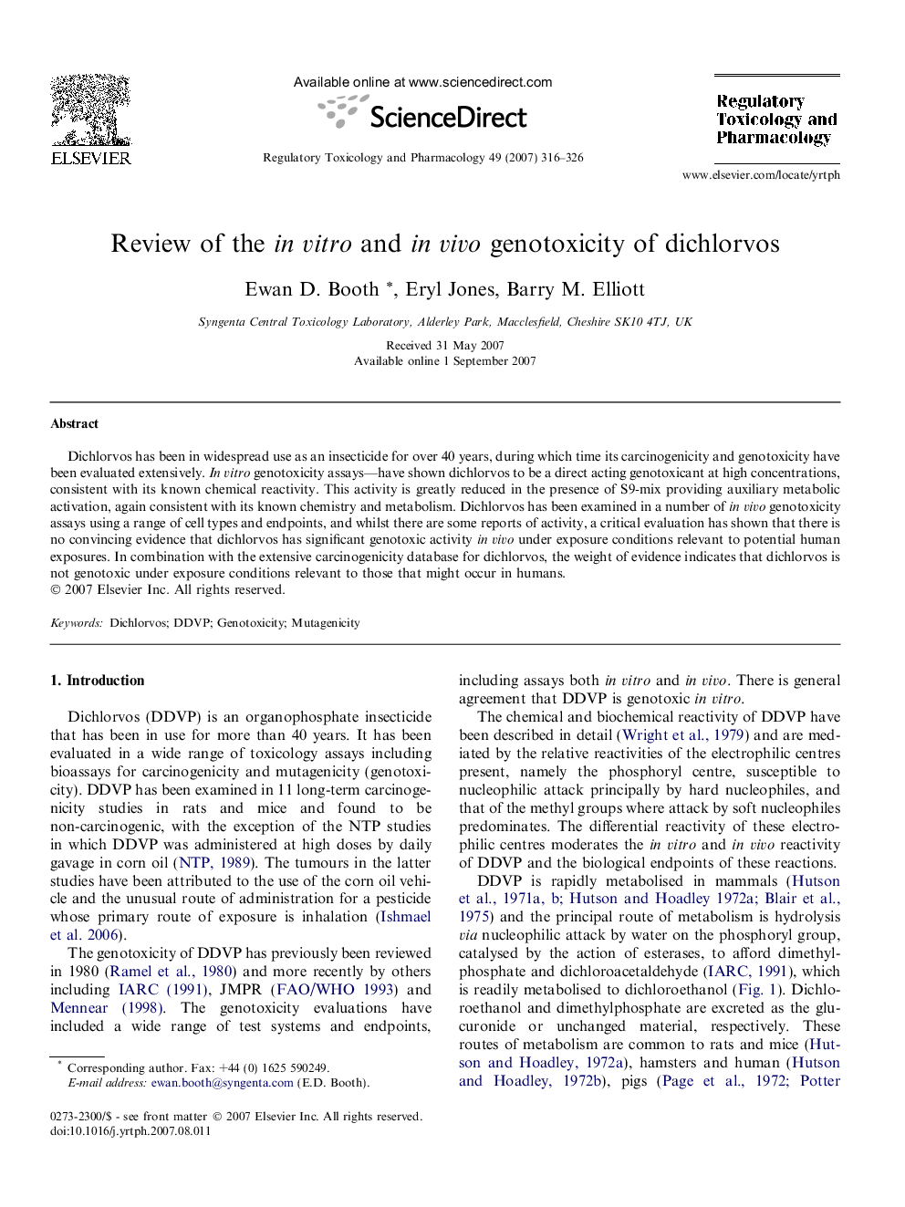 Review of the in vitro and in vivo genotoxicity of dichlorvos