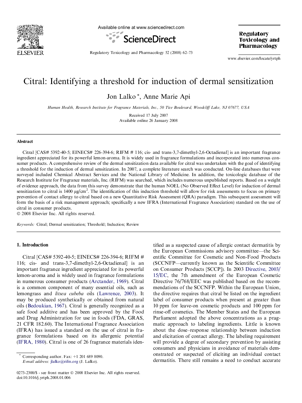 عکس صفحه اول مقاله: Citral: Identifying a threshold for induction of dermal sensitization Citral: Identifying a threshold for induction of dermal sensitization