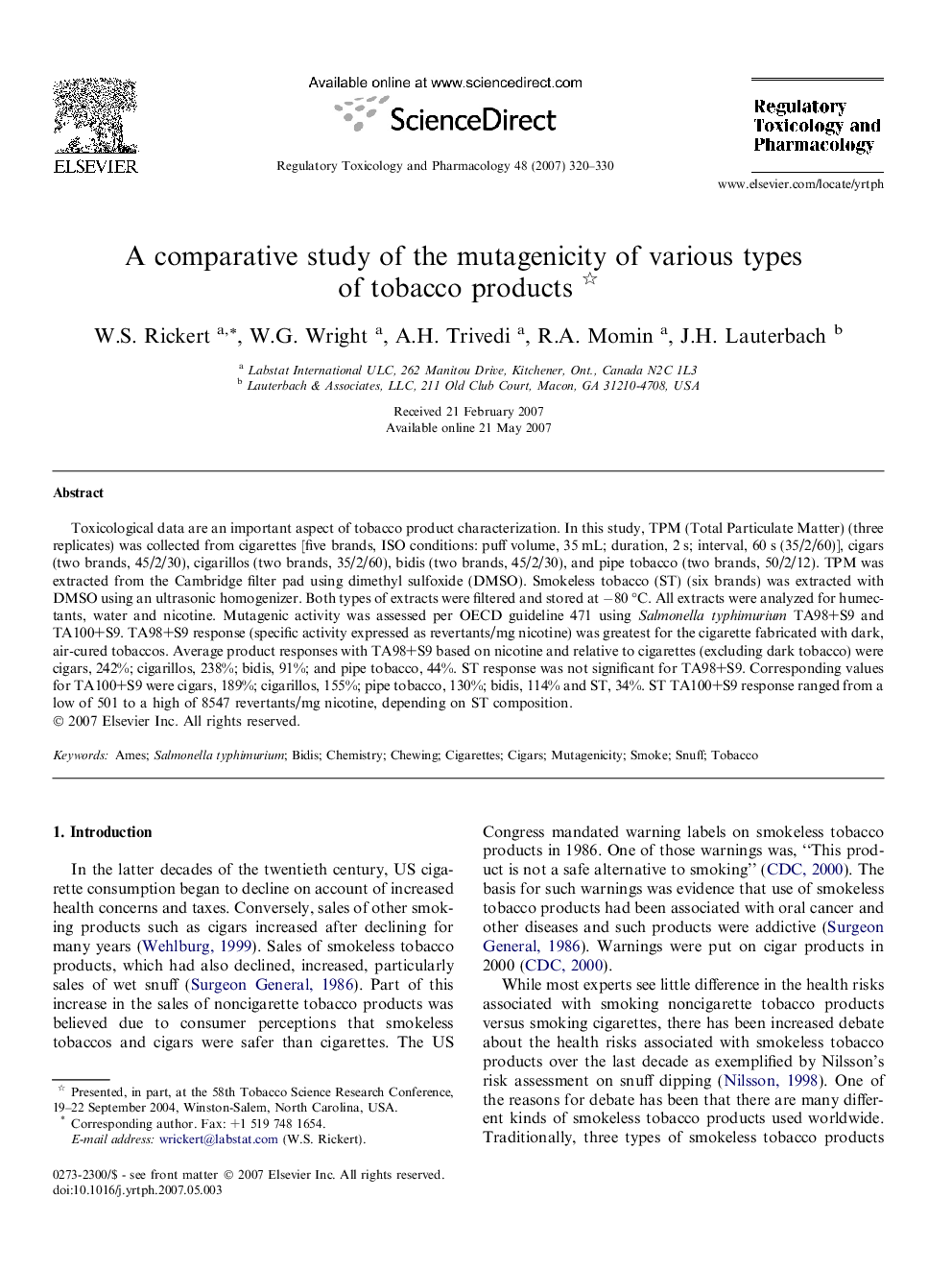 A comparative study of the mutagenicity of various types of tobacco products 