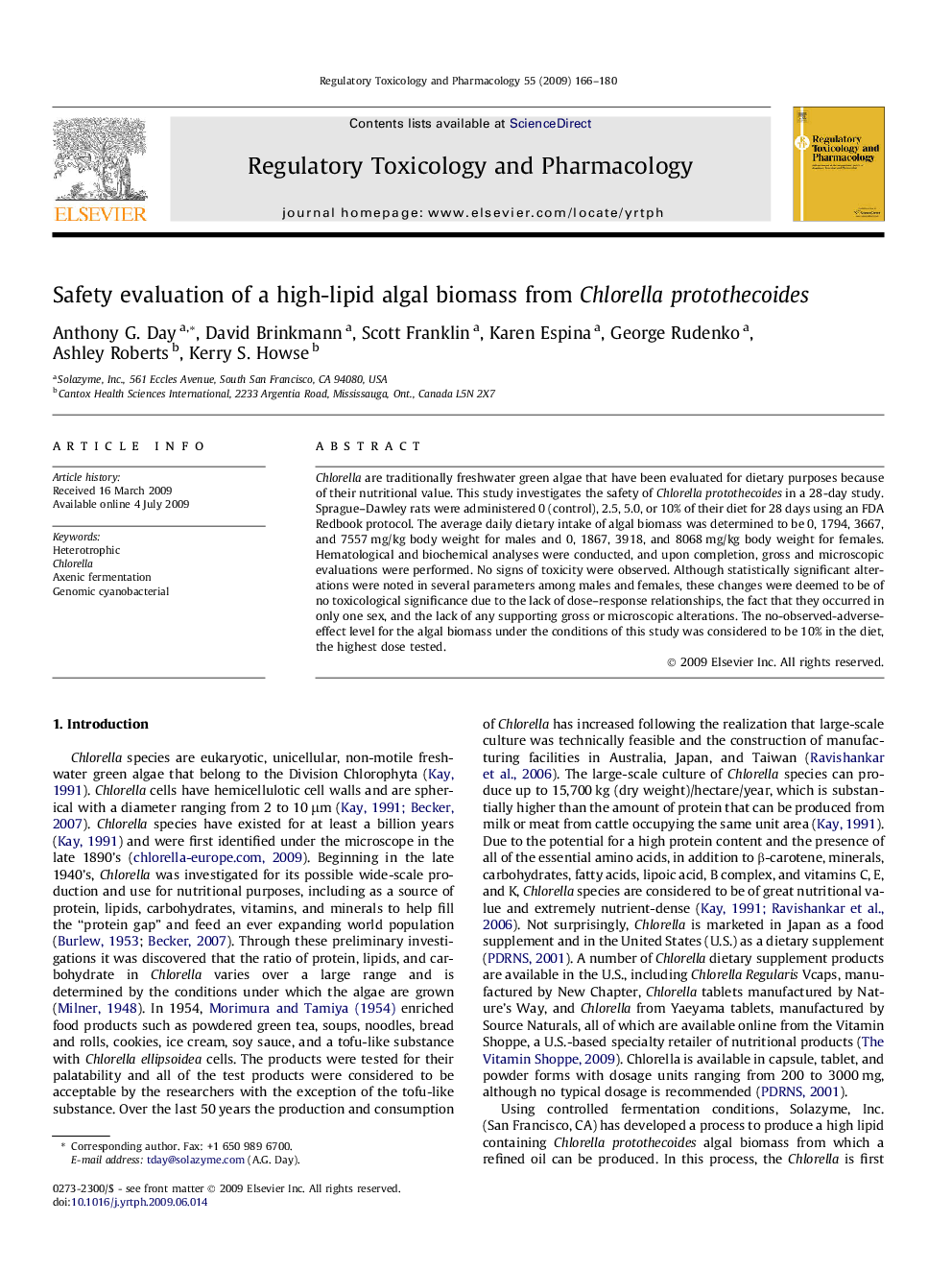 Safety evaluation of a high-lipid algal biomass from Chlorellaprotothecoides