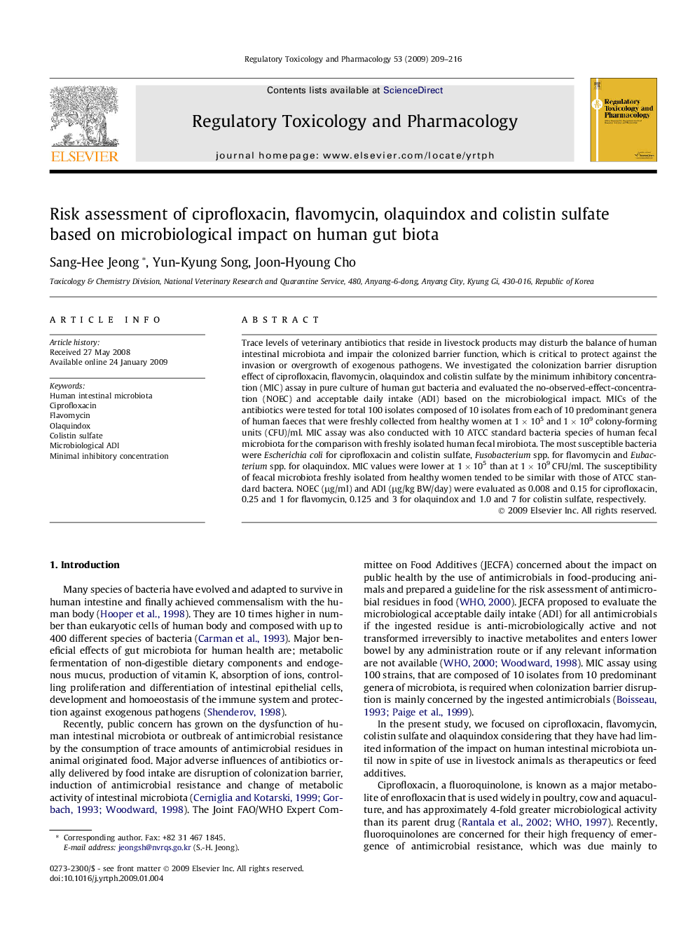 Risk assessment of ciprofloxacin, flavomycin, olaquindox and colistin sulfate based on microbiological impact on human gut biota