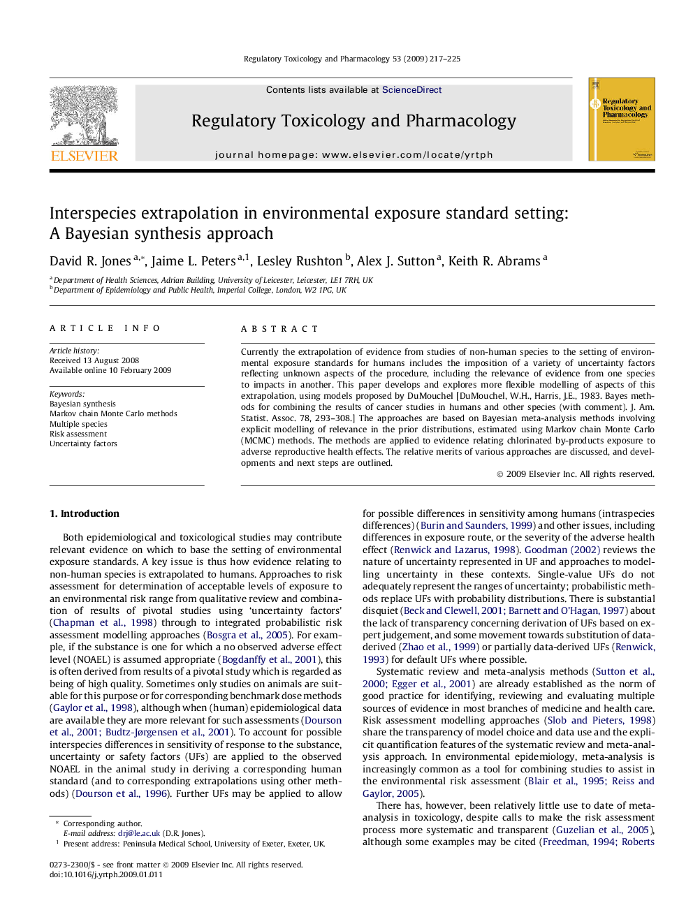 Interspecies extrapolation in environmental exposure standard setting: A Bayesian synthesis approach