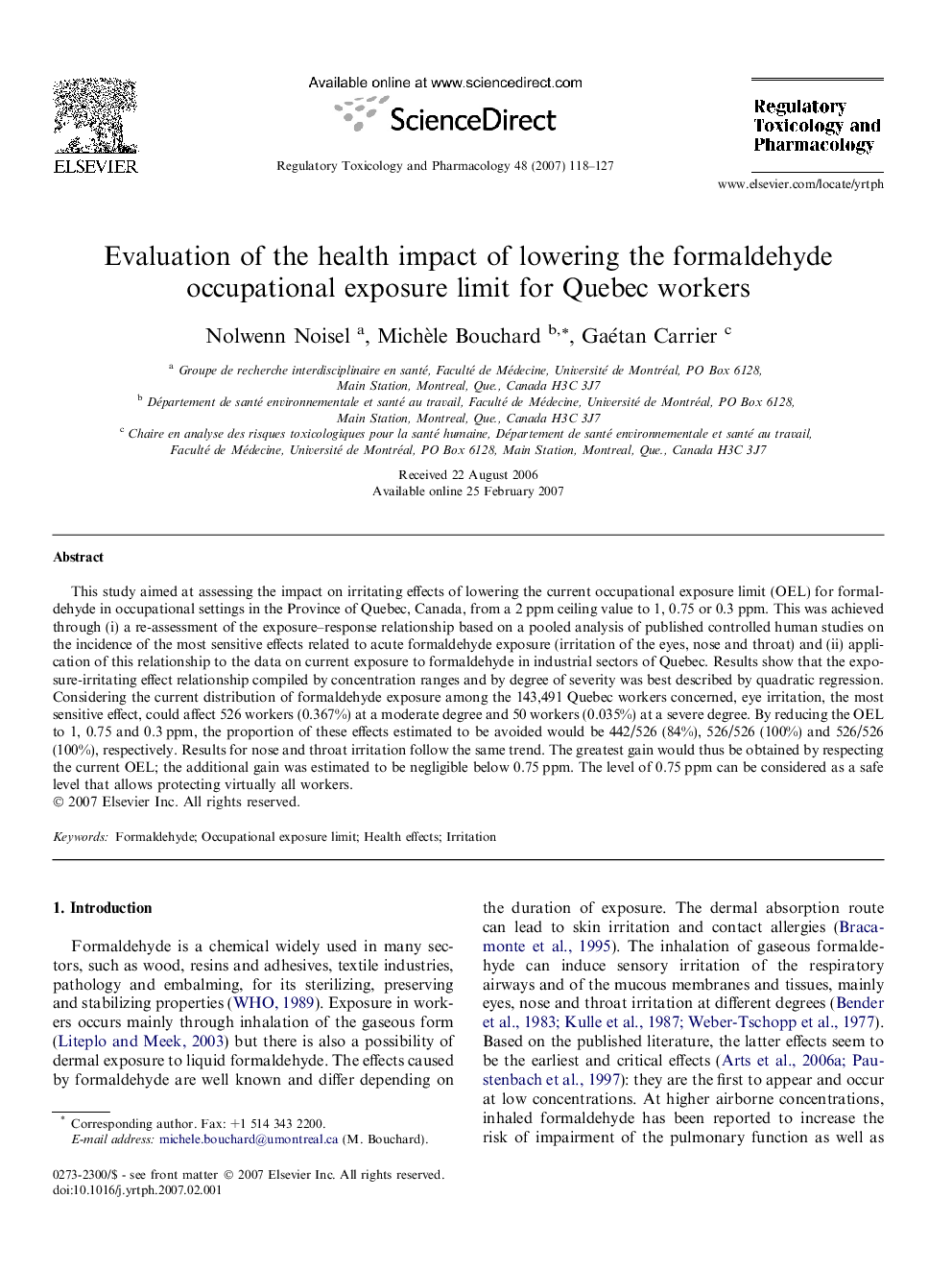 Evaluation of the health impact of lowering the formaldehyde occupational exposure limit for Quebec workers