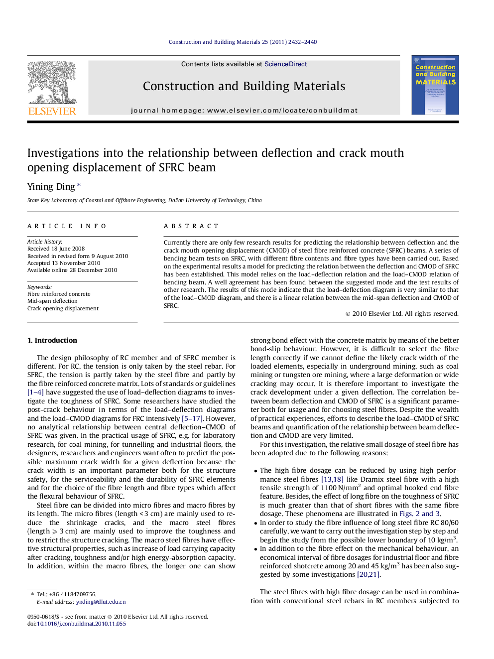 Investigations into the relationship between deflection and crack mouth opening displacement of SFRC beam