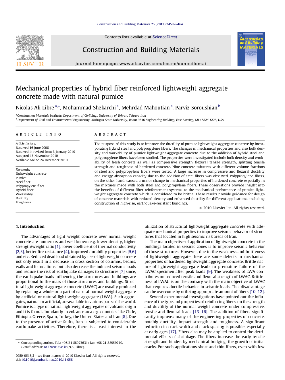 Mechanical properties of hybrid fiber reinforced lightweight aggregate concrete made with natural pumice