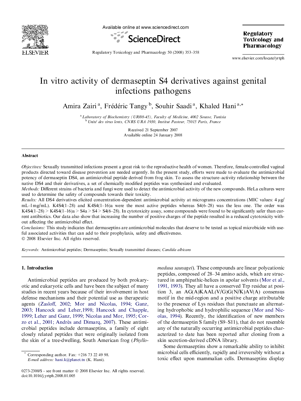 In vitro activity of dermaseptin S4 derivatives against genital infections pathogens