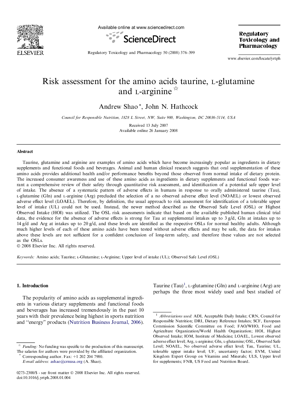 Risk assessment for the amino acids taurine, l-glutamine and l-arginine 