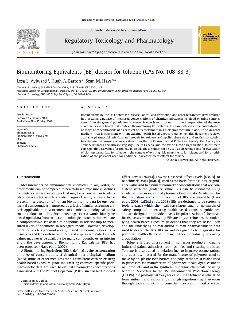 Biomonitoring Equivalents (BE) dossier for toluene (CAS No. 108-88-3)