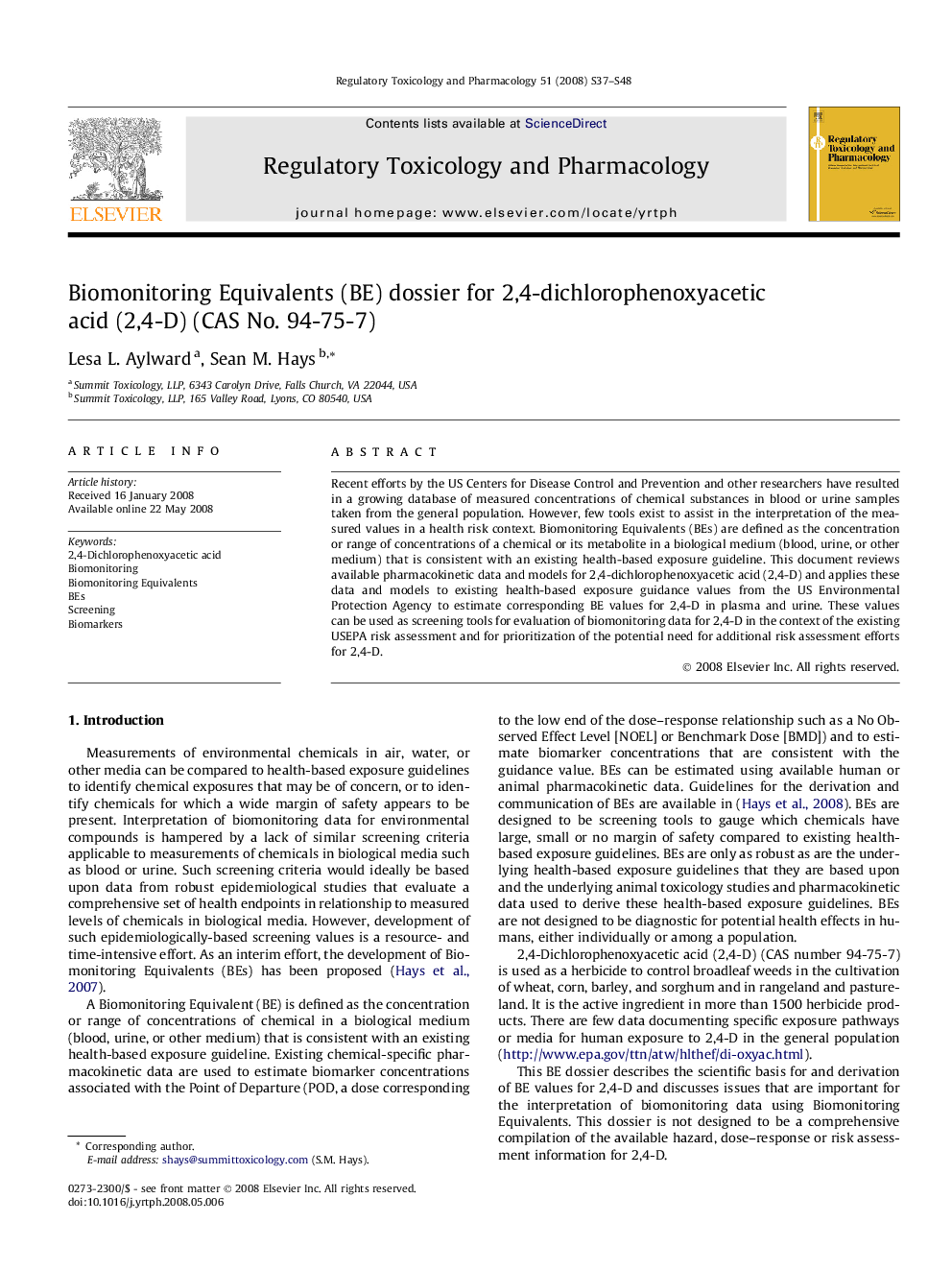 عکس صفحه اول مقاله: Biomonitoring Equivalents (BE) dossier for 2,4-dichlorophenoxyacetic acid (2,4-D) (CAS No. 94-75-7) Biomonitoring Equivalents (BE) dossier for 2,4-dichlorophenoxyacetic acid (2,4-D) (CAS No. 94-75-7)