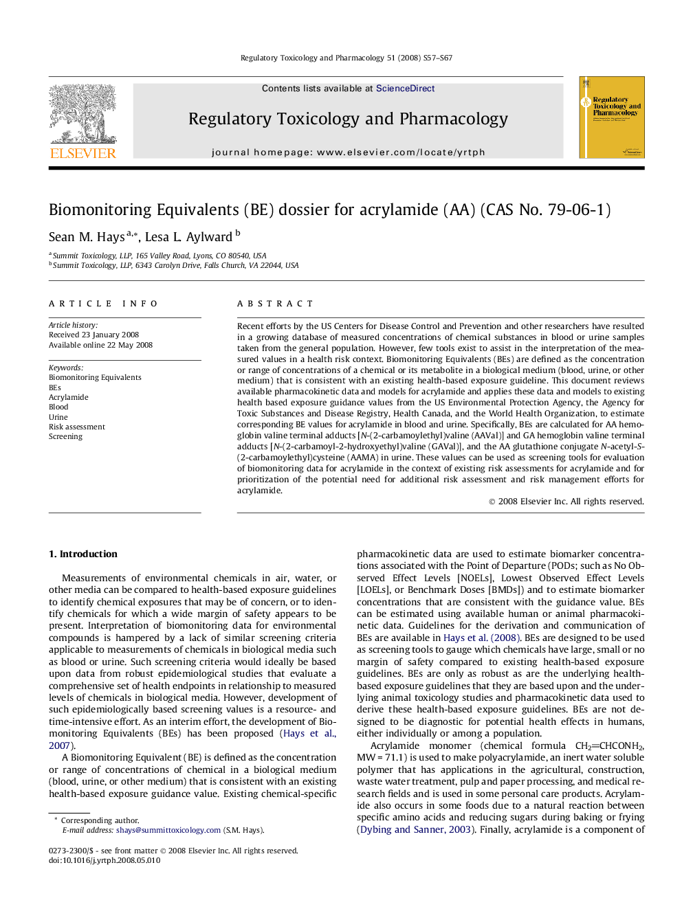 Biomonitoring Equivalents (BE) dossier for acrylamide (AA) (CAS No. 79-06-1)