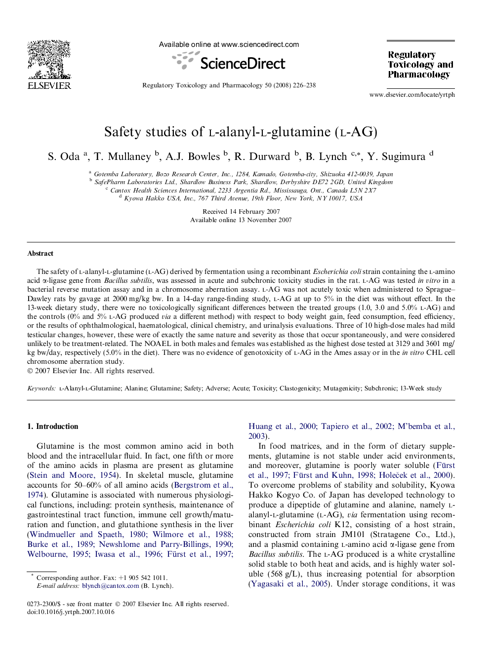 Safety studies of l-alanyl-l-glutamine (l-AG)
