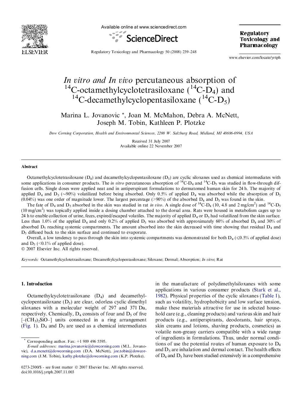 In vitro and In vivo percutaneous absorption of 14C-octamethylcyclotetrasiloxane (14C-D4) and 14C-decamethylcyclopentasiloxane (14C-D5)