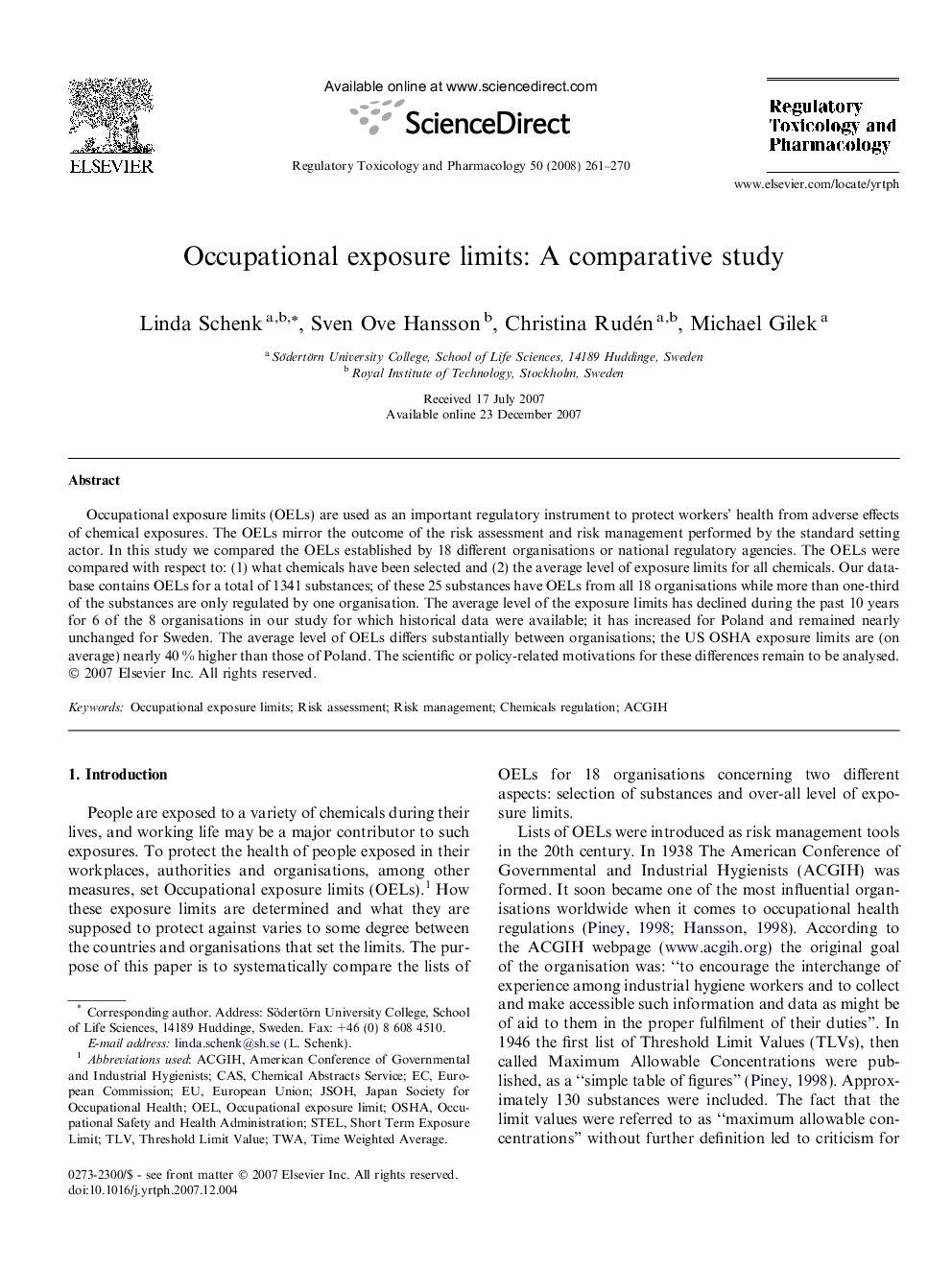 Occupational exposure limits: A comparative study