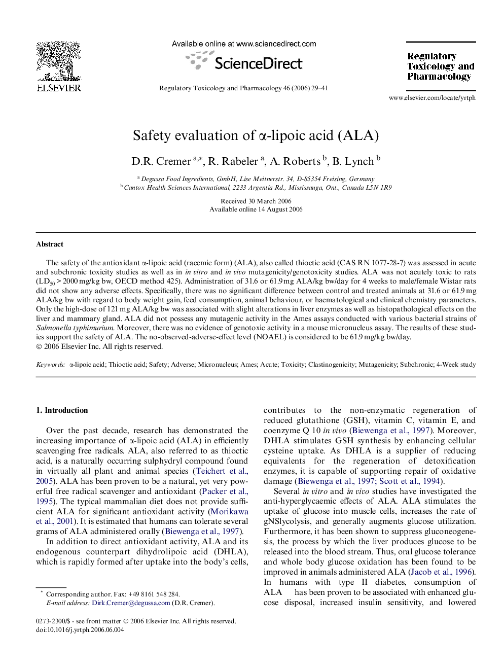 Safety evaluation of α-lipoic acid (ALA)