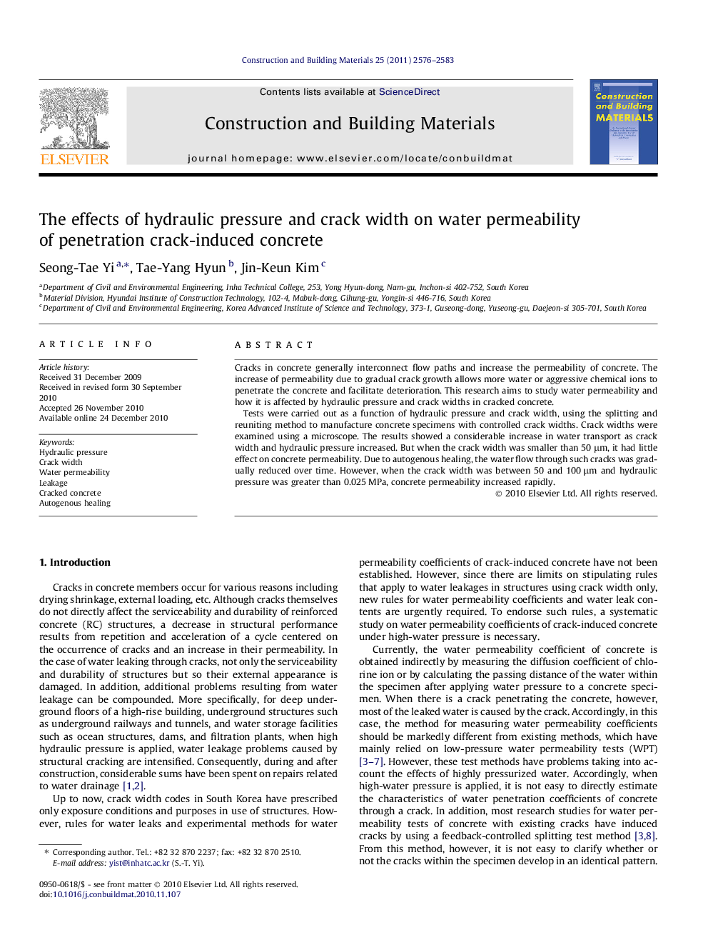 The effects of hydraulic pressure and crack width on water permeability of penetration crack-induced concrete