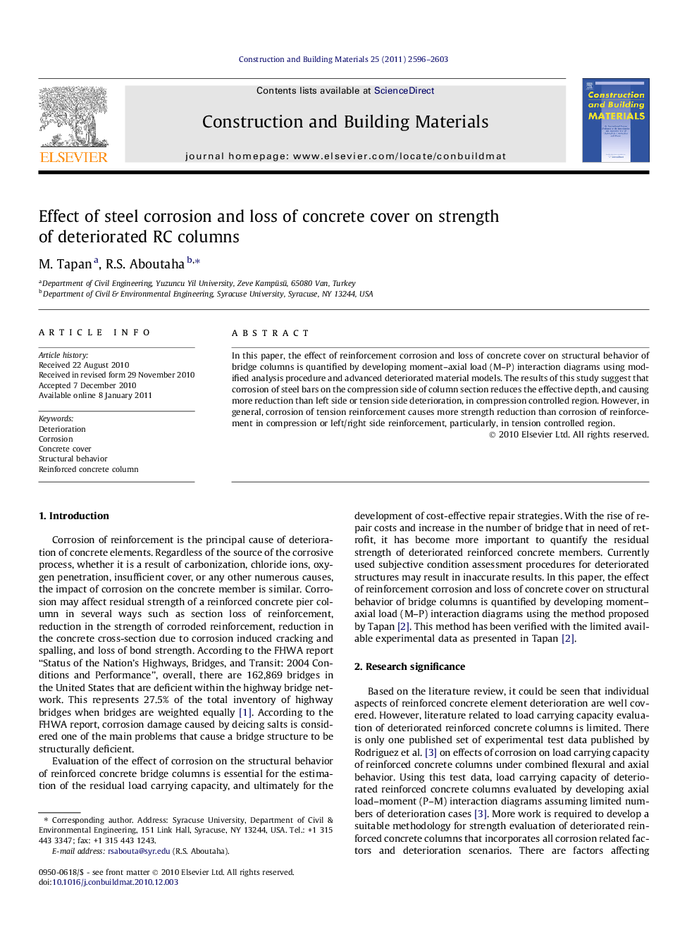 Effect of steel corrosion and loss of concrete cover on strength of deteriorated RC columns