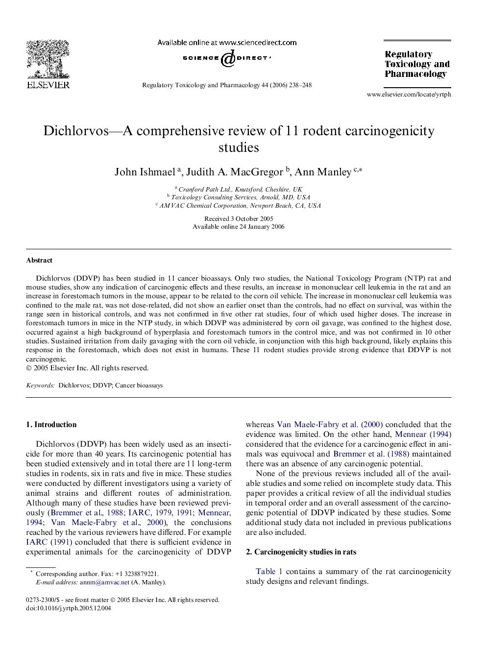 عکس صفحه اول مقاله: Dichlorvos—A comprehensive review of 11 rodent carcinogenicity studies Dichlorvos—A comprehensive review of 11 rodent carcinogenicity studies