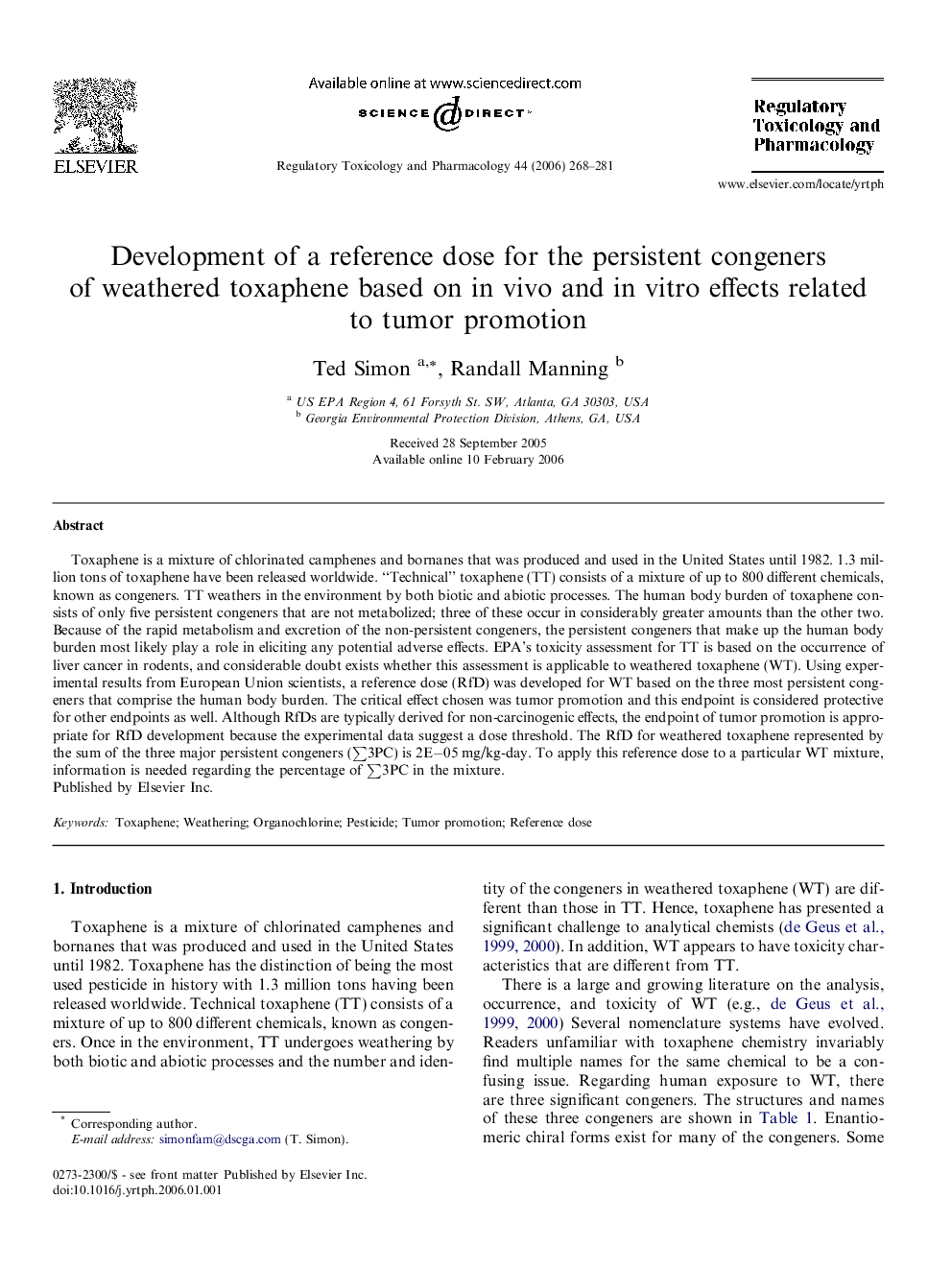 Development of a reference dose for the persistent congeners of weathered toxaphene based on in vivo and in vitro effects related to tumor promotion