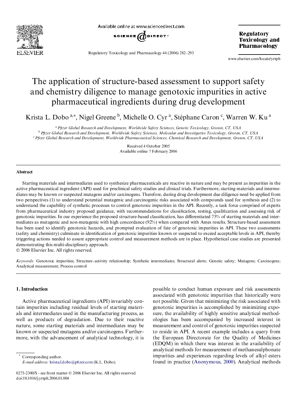 عکس صفحه اول مقاله: The application of structure-based assessment to support safety and chemistry diligence to manage genotoxic impurities in active pharmaceutical ingredients during drug development The application of structure-based assessment to support safety and chemistry diligence to manage genotoxic impurities in active pharmaceutical ingredients during drug development