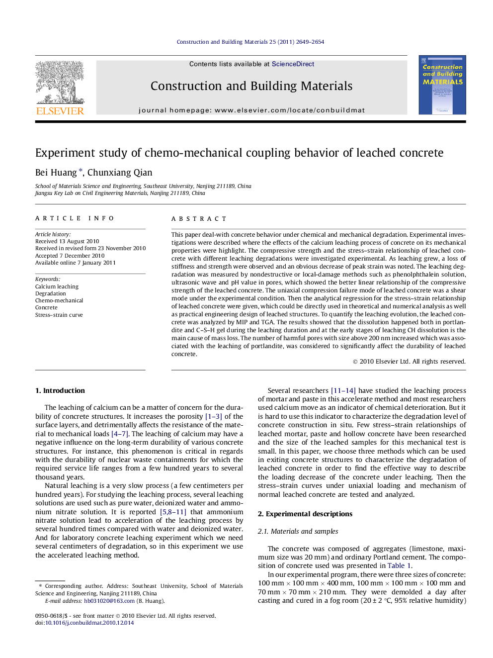 Experiment study of chemo-mechanical coupling behavior of leached concrete