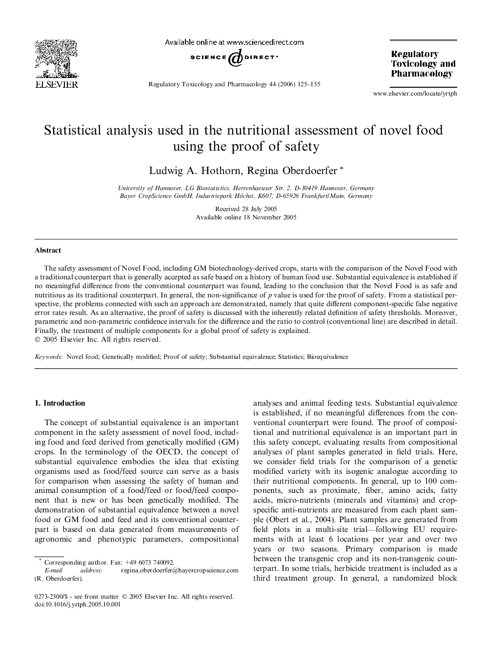 Statistical analysis used in the nutritional assessment of novel food using the proof of safety