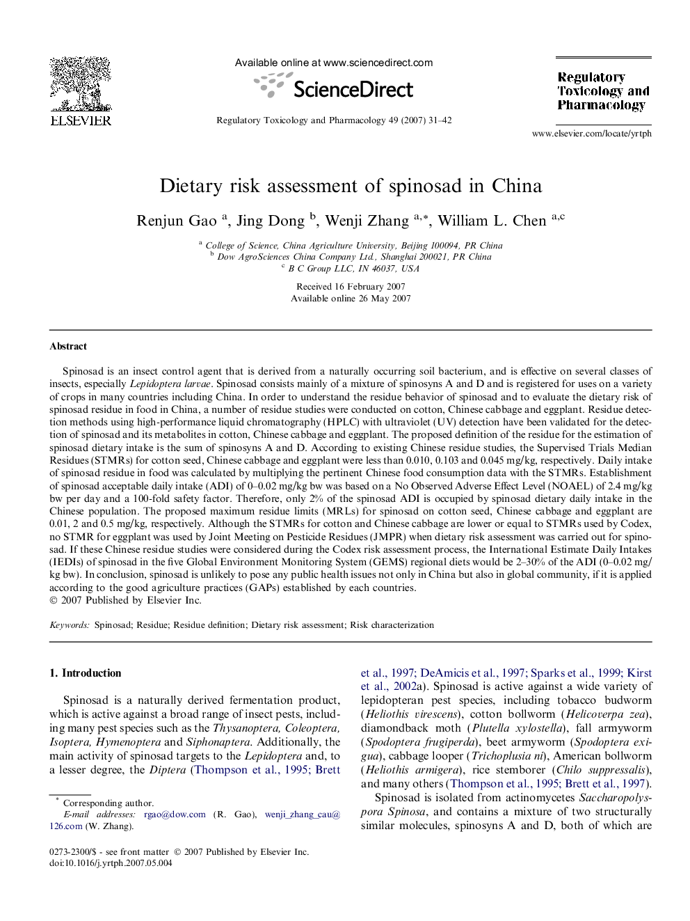 Dietary risk assessment of spinosad in China