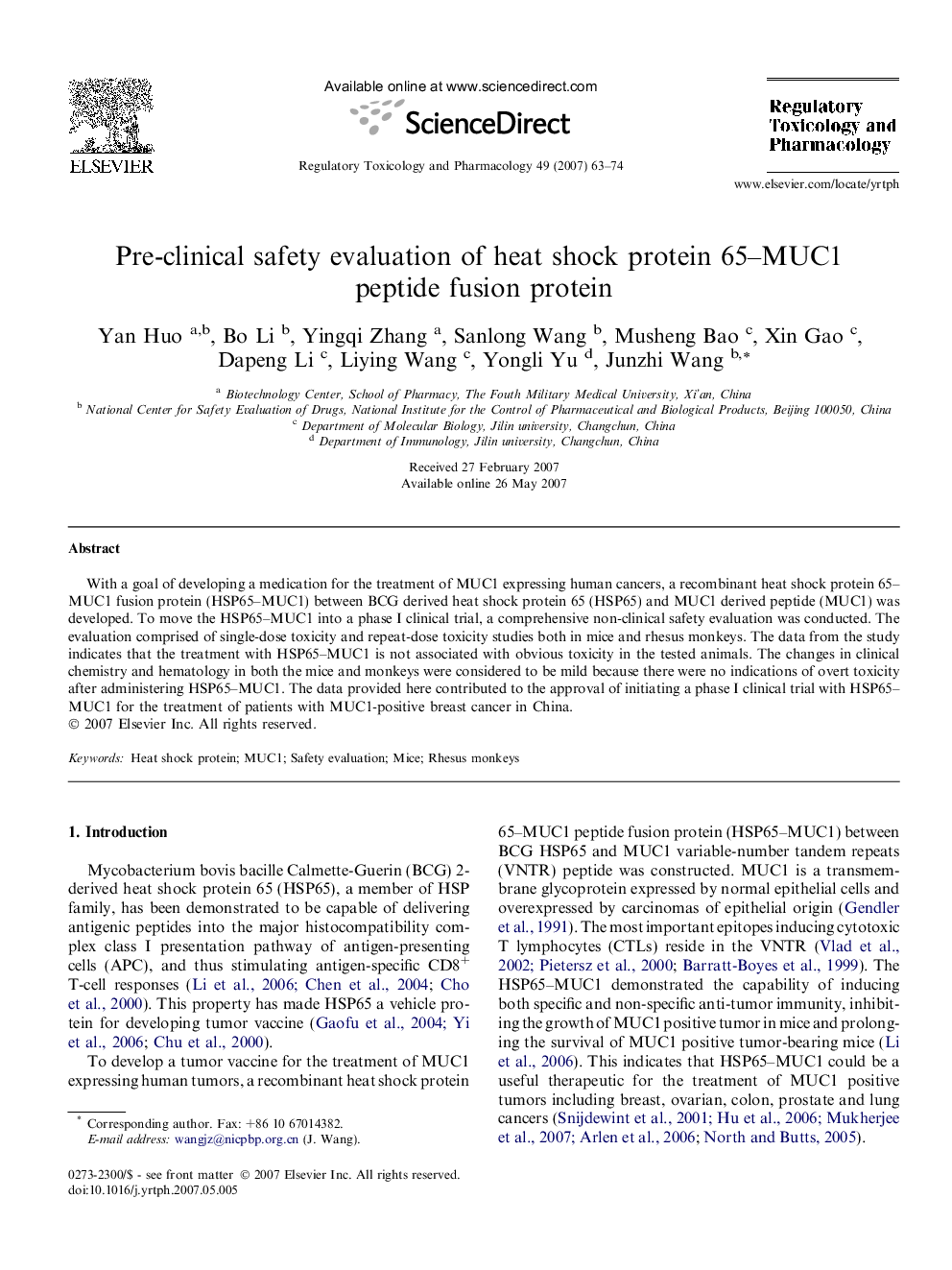 Pre-clinical safety evaluation of heat shock protein 65–MUC1 peptide fusion protein