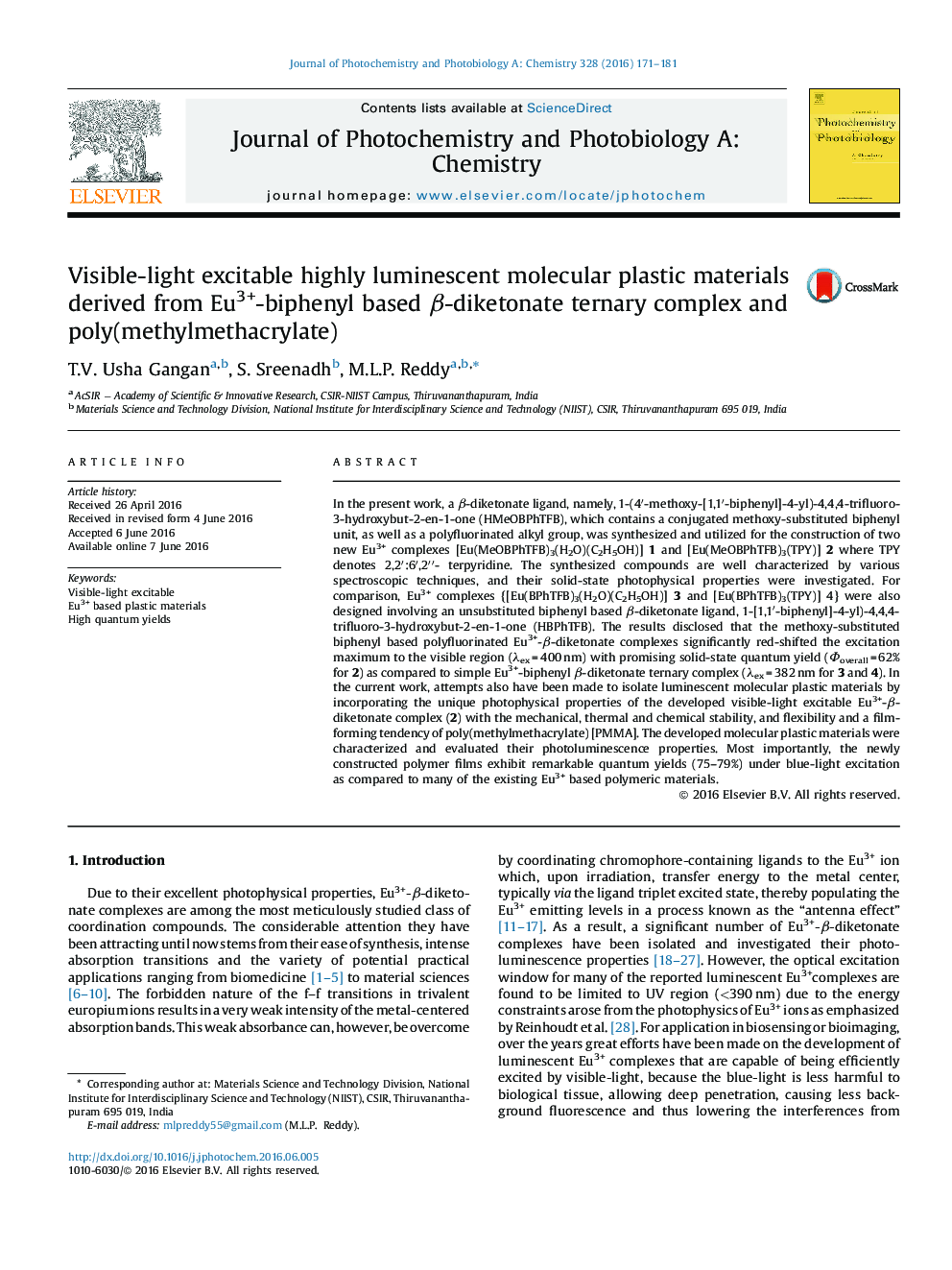 Visible-light excitable highly luminescent molecular plastic materials derived from Eu3+-biphenyl based β-diketonate ternary complex and poly(methylmethacrylate)