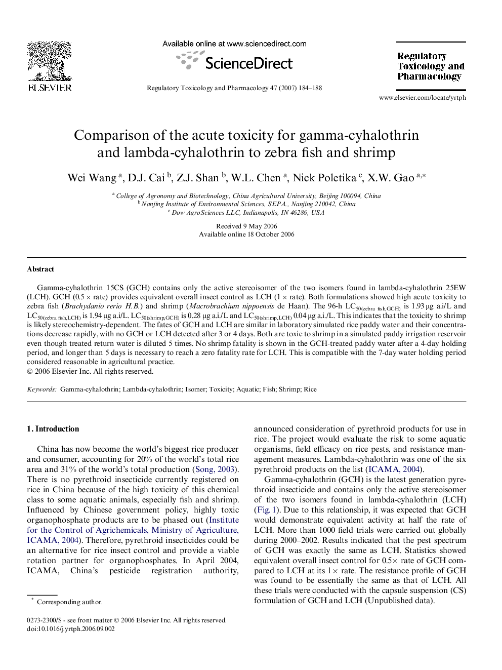 Comparison of the acute toxicity for gamma-cyhalothrin and lambda-cyhalothrin to zebra fish and shrimp