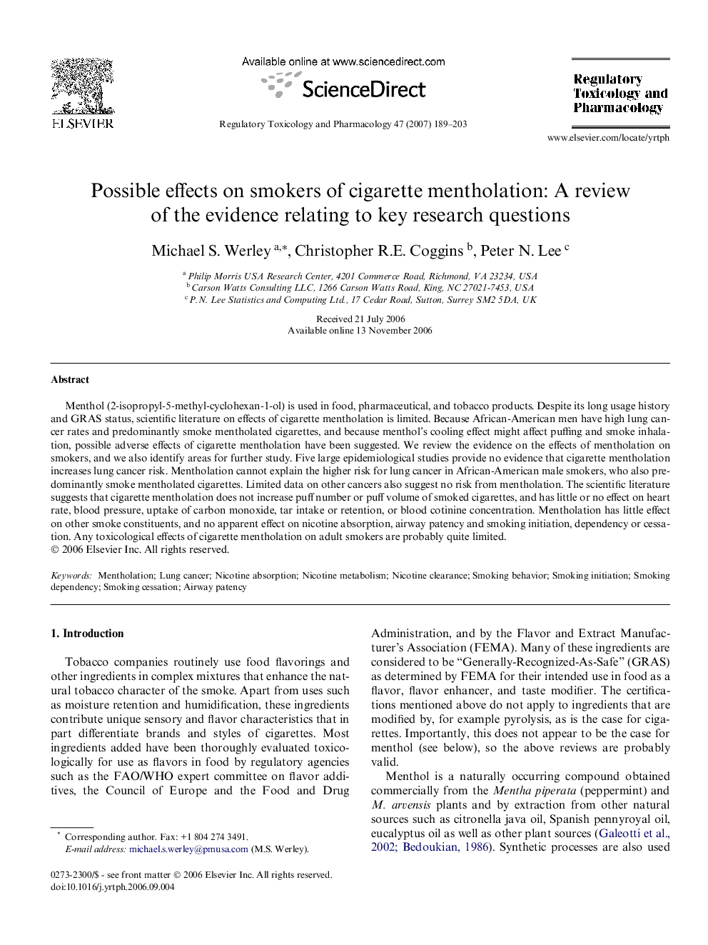 Possible effects on smokers of cigarette mentholation: A review of the evidence relating to key research questions