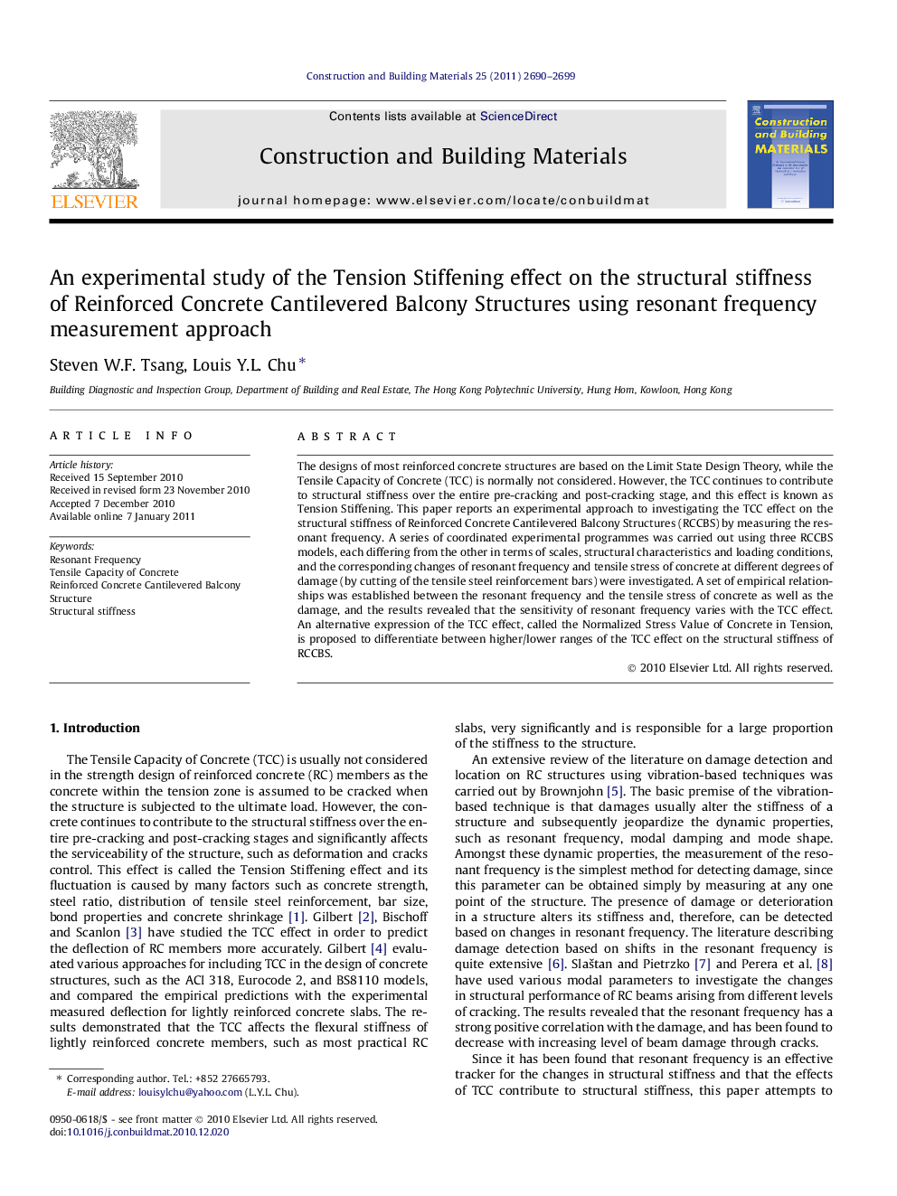 An experimental study of the Tension Stiffening effect on the structural stiffness of Reinforced Concrete Cantilevered Balcony Structures using resonant frequency measurement approach