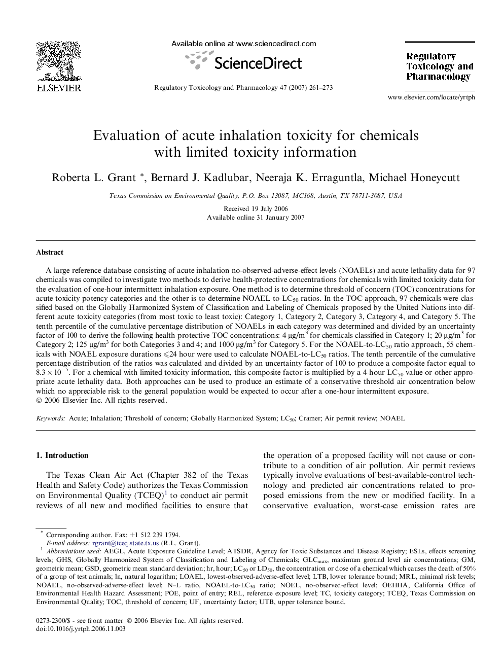 Evaluation of acute inhalation toxicity for chemicals with limited toxicity information