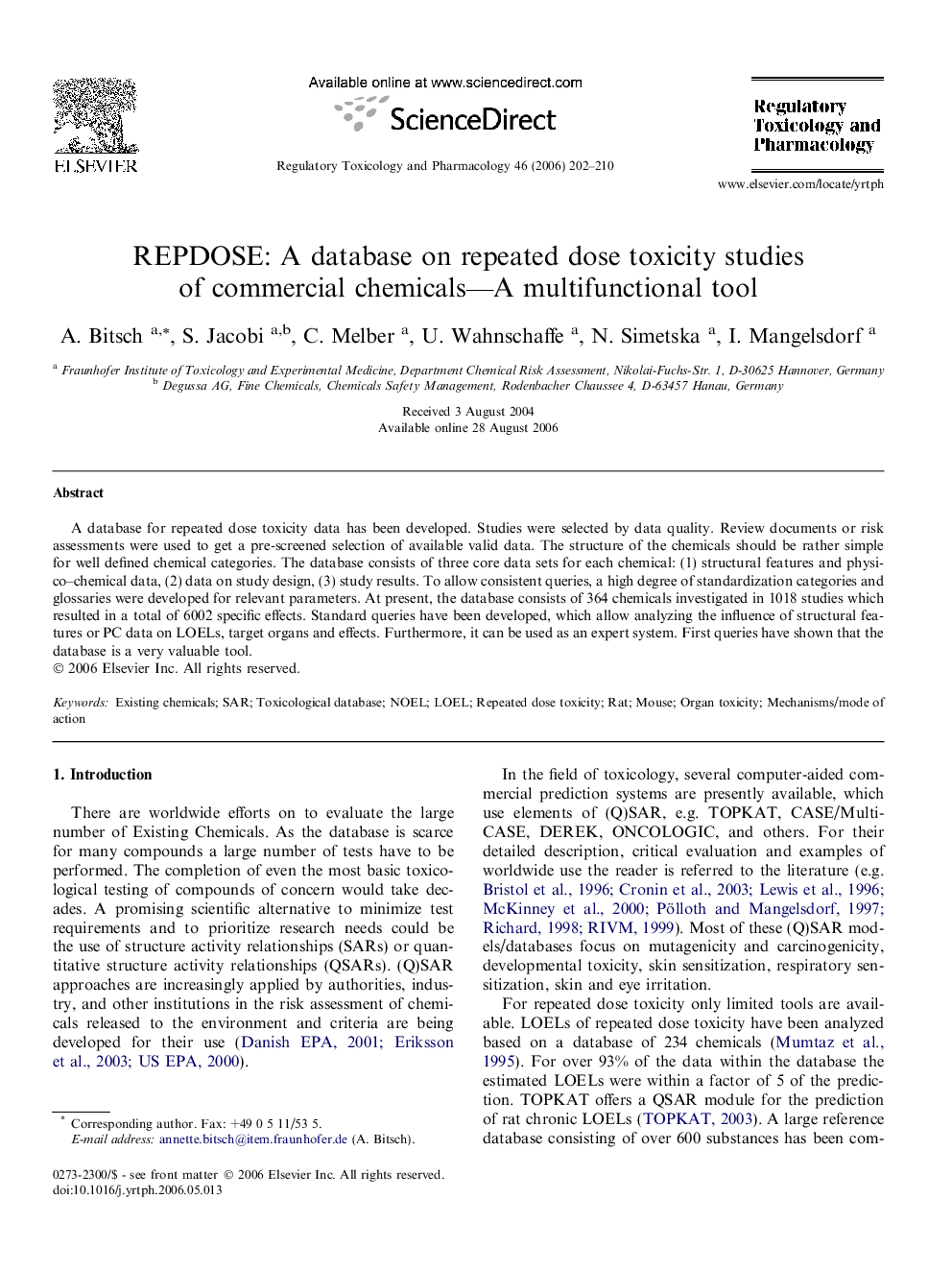 REPDOSE: A database on repeated dose toxicity studies of commercial chemicals—A multifunctional tool